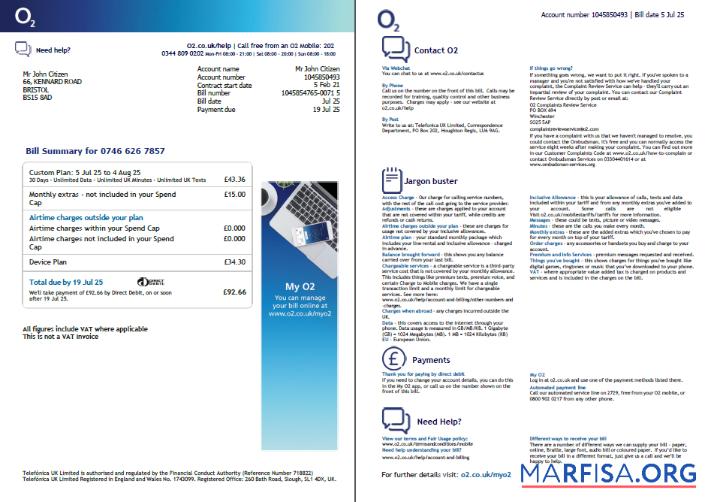 Downloadable USA O2 utility bill template in Word and PDF formats, 2 pages, version 3